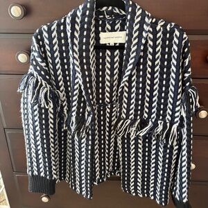XS Cupcakes & Cashmere Herringbone Fringe Coatigan - Navy/Black/White